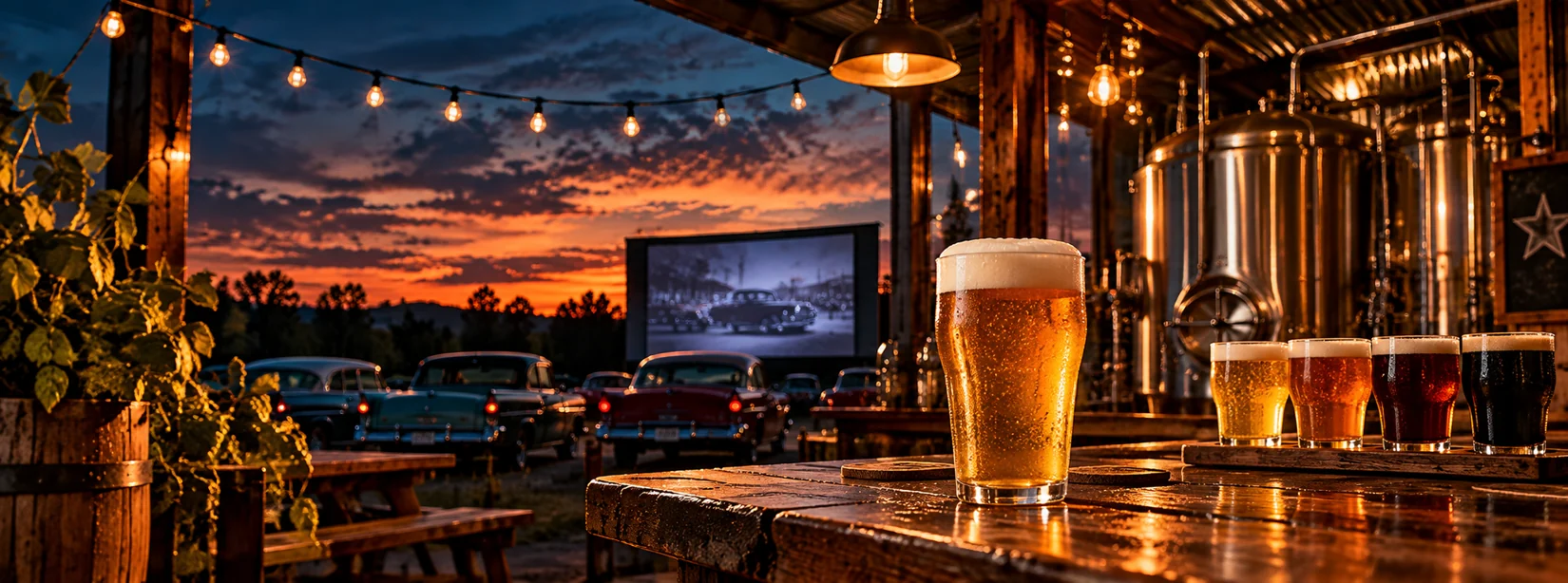 Concept artwork imagining a vintage drive-in-themed brewery with beer and classic cars